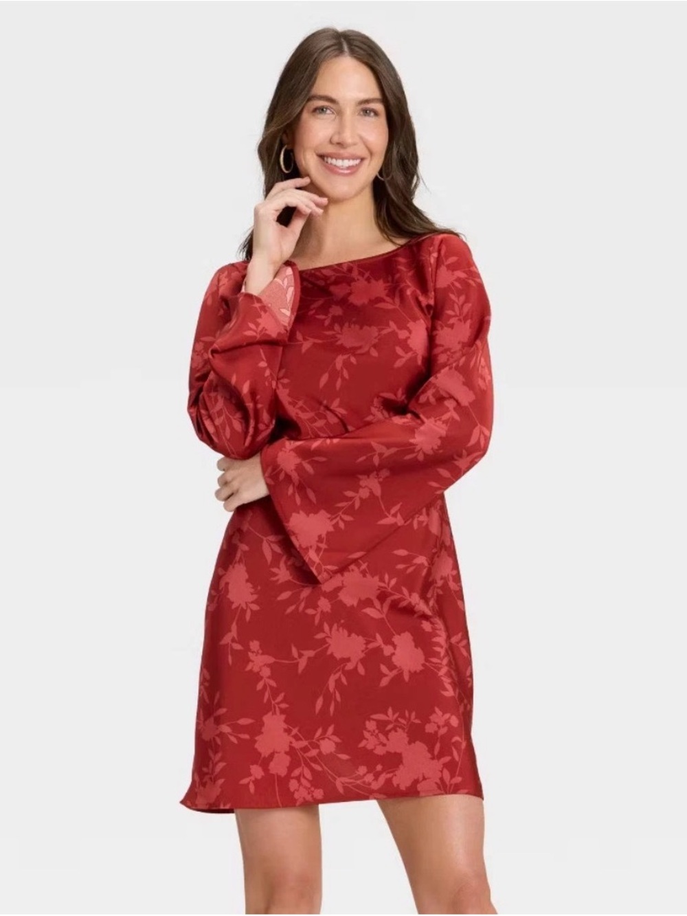 NWT Womenโs A New Day Twist Back Floral Mini Dress Red/Burgundy Sz S Silky Party